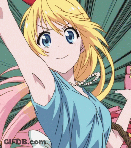 A Girl With Blonde Hair And Blue Eyes Is Wearing A Blue Shirt And Pearls GIF