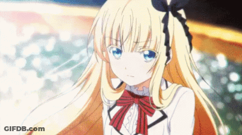 A Girl With Blonde Hair And Blue Eyes Is Wearing A Red Bow Tie And A White Dress . GIF