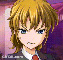 A Girl With Blonde Hair And Blue Eyes Is Wearing A Suit And Red Tie GIF