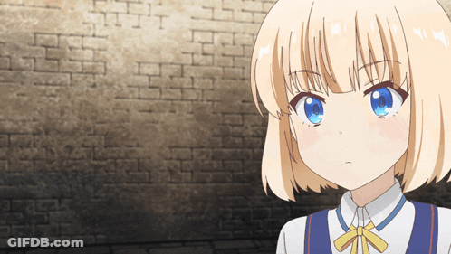 A Girl With Blonde Hair And Blue Eyes Is Wearing A White Shirt And Blue Vest GIF