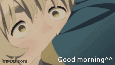A Girl With Blonde Hair And Green Eyes Is Laying On A Bed With The Words " Good Morning " Below Her GIF