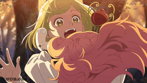 A Girl With Blonde Hair And Pink Hair Is Holding A Red Apple In Her Mouth GIF