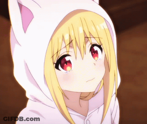 A Girl With Blonde Hair And Red Eyes Wears A White Cat Hoodie GIF