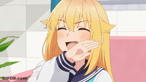 A Girl With Blonde Hair Is Covering Her Face With Her Hand GIF