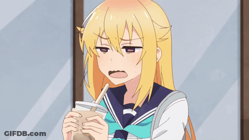 A Girl With Blonde Hair Is Holding A Cup With A Straw In Her Mouth GIF