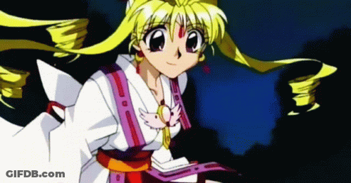 A Girl With Blonde Hair Is Wearing A White Kimono With A Purple Ribbon Around Her Waist GIF