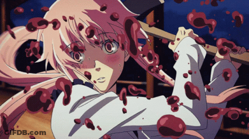 A Girl With Blood On Her Face Is Holding A Large Axe GIF