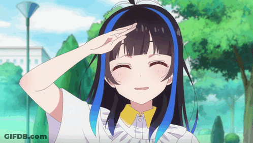 A Girl With Blue And Black Hair Salutes In A Park GIF