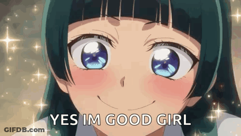 A Girl With Blue Eyes Is Smiling With The Words Yes Im Good Girl Below Her GIF