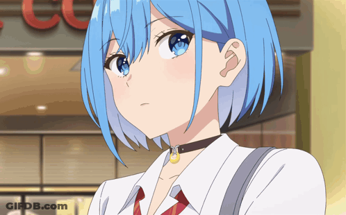 A Girl With Blue Hair And A Choker Is Standing In Front Of A Store GIF