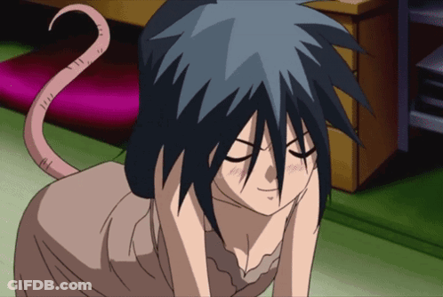 A Girl With Blue Hair And A Pink Tail Looks Down GIF