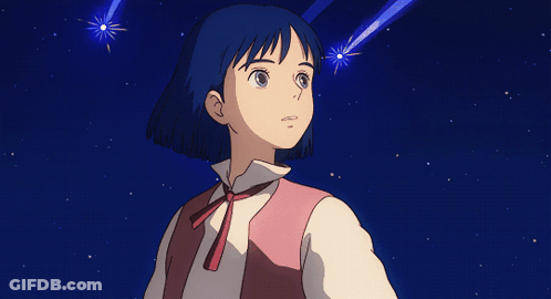 A Girl With Blue Hair And A Pink Vest Looks Up At The Stars GIF