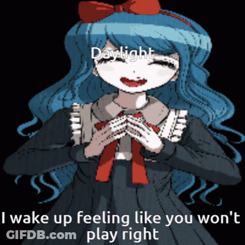 A Girl With Blue Hair And A Red Bow On Her Head Says " Daylight I Wake Up Feeling Like You Won 'T Play Right " GIF