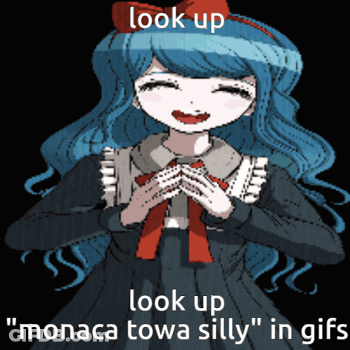 A Girl With Blue Hair And A Red Bow Says Look Up Look Up Monaca Towa Silly " In GIF