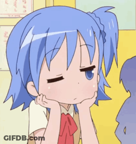 A Girl With Blue Hair And A Red Bow Tie Has Her Hand On Her Chin GIF