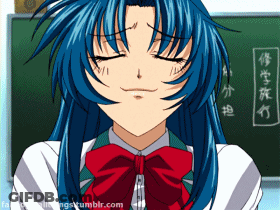 A Girl With Blue Hair And A Red Bow Tie Is Smiling In Front Of A Blackboard GIF