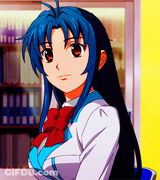 A Girl With Blue Hair And A Red Bow Tie Is Standing In Front Of A Bookshelf GIF