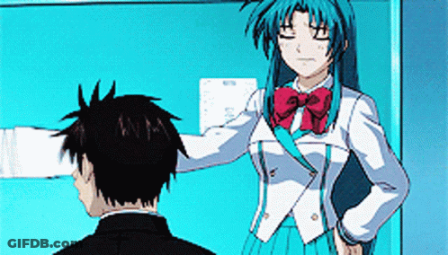 A Girl With Blue Hair And A Red Bow Tie Is Standing Next To A Boy GIF