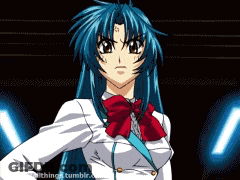 A Girl With Blue Hair And A Red Bow Tie Stands In Front Of A Blue Light GIF