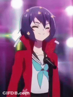 A Girl With Blue Hair And A Red Jacket Is Holding A Microphone And Smiling GIF