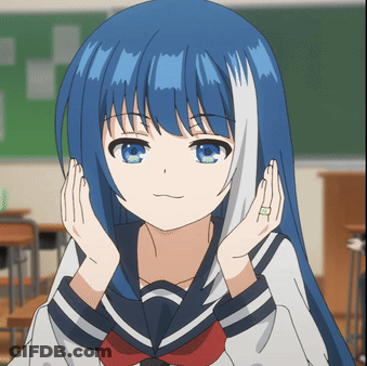 A Girl With Blue Hair And A Ring On Her Finger Holds Her Hands To Her Face GIF