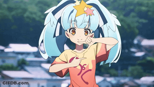 A Girl With Blue Hair And A Star On Her Head Is Wearing A Shirt That Says ' S ' On It GIF