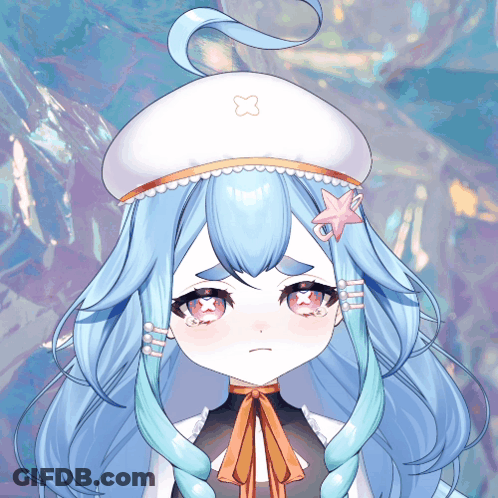 A Girl With Blue Hair And A White Hat With A Starfish On It GIF
