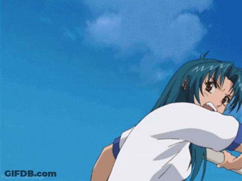 A Girl With Blue Hair And A White Shirt Is Screaming In Front Of A Blue Sky With The Words Fanboy Of All Things Below He GIF