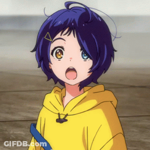 A Girl With Blue Hair And A Yellow Hoodie Looks Surprised GIF