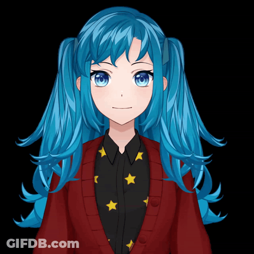 A Girl With Blue Hair And Blue Eyes Is Wearing A Red Jacket With Stars On It GIF