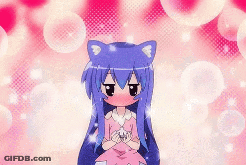 A Girl With Blue Hair And Cat Ears Is Standing In Front Of Pink Bubbles . GIF