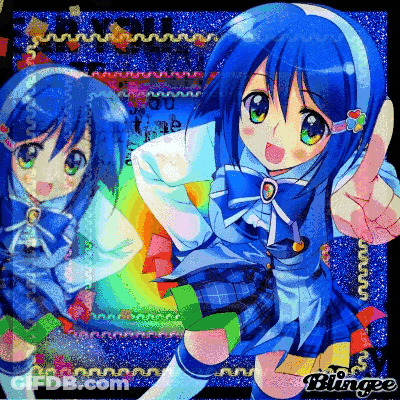 A Girl With Blue Hair And Green Eyes Is On A Blingee Collage GIF
