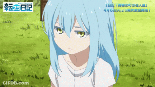 A Girl With Blue Hair And Green Eyes Is Standing In A Field GIF
