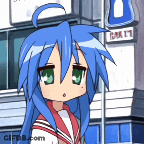 A Girl With Blue Hair And Green Eyes Is Standing In Front Of A Store That Says ' Lucky Star ' On It GIF