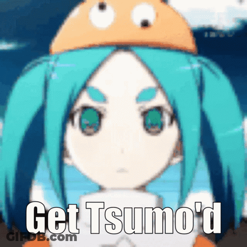 A Girl With Blue Hair And Green Eyes Is Wearing A Fish Hat And Says " Get Tsuno D " GIF