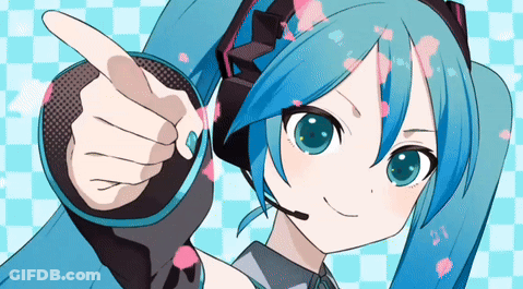 A Girl With Blue Hair And Headphones Is Pointing At The Camera GIF