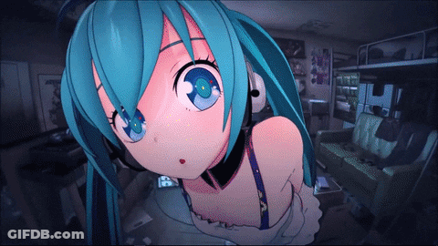 A Girl With Blue Hair And Headphones Looks Up At The Camera GIF