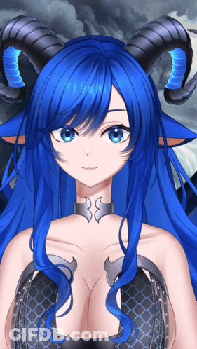 A Girl With Blue Hair And Horns Is Wearing A Black Bra GIF