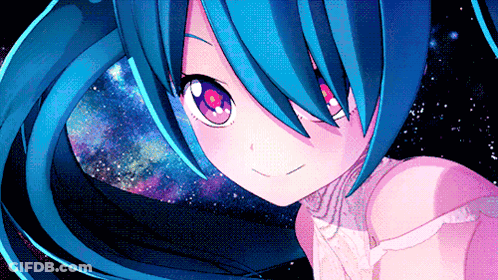 A Girl With Blue Hair And Pink Eyes Looks At The Camera With A Galaxy In The Background GIF