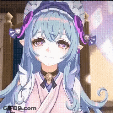 A Girl With Blue Hair And Purple Ears Is Wearing A Maid Costume And A Hat . GIF