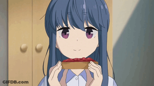 A Girl With Blue Hair And Purple Eyes Is Eating A Piece Of Toast GIF