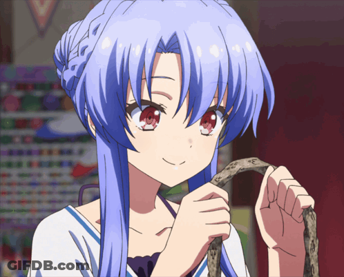 A Girl With Blue Hair And Red Eyes Holds A Snake In Her Hand GIF
