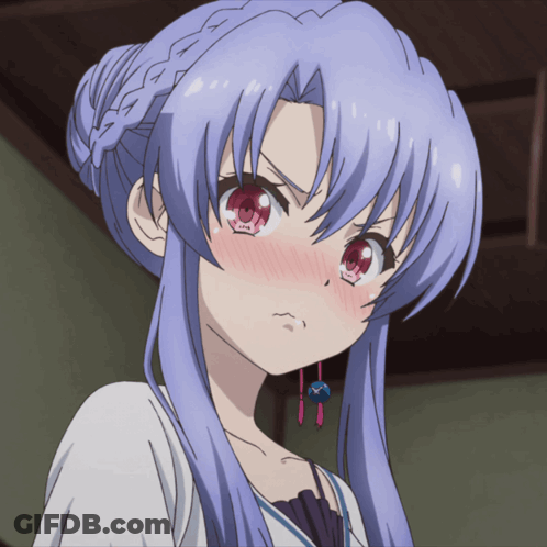 A Girl With Blue Hair And Red Eyes Is Making A Face GIF