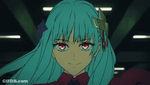 A Girl With Blue Hair And Red Eyes Is Smiling GIF