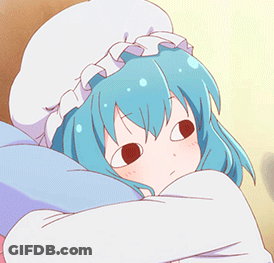 A Girl With Blue Hair And Red Eyes Is Wrapped In A Blanket GIF