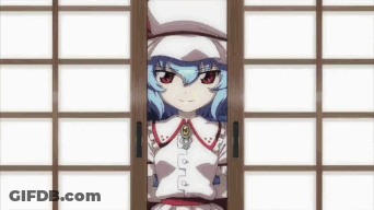 A Girl With Blue Hair And Red Eyes Looks Out Of A Window GIF