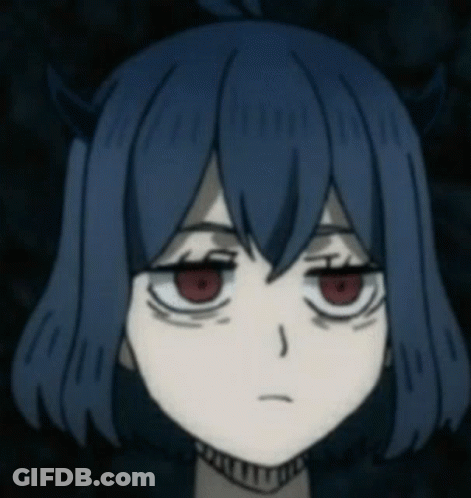 A Girl With Blue Hair And Red Eyes Looks Tired GIF