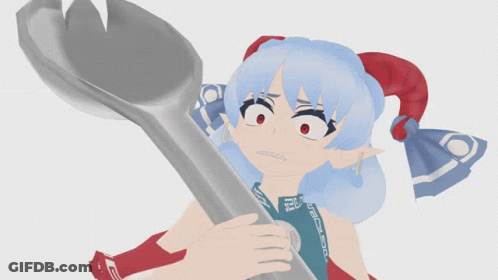 A Girl With Blue Hair And Red Horns Is Holding A Large Wrench In Her Hands GIF