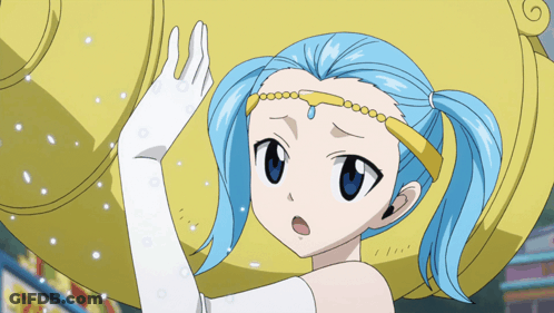 A Girl With Blue Hair And White Gloves Is Holding Something GIF
