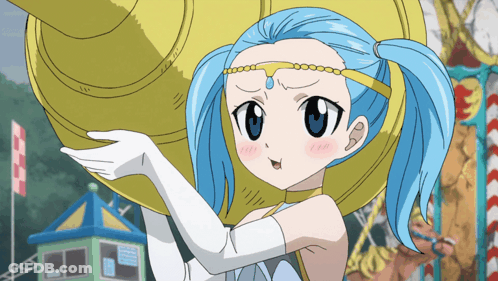 A Girl With Blue Hair And White Gloves Is Standing In Front Of A Carnival Ride GIF